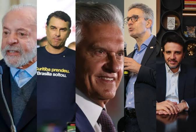 Da esquerda para a direita: Lula, Flávio Bolsonaro, Ronaldo Caiado, Romeu Zema e Renan Santos (Fotos: Divulgação)