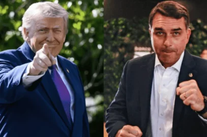 Segundo jornais norte-americanos, Flávio Bolsonaro (à dir.) deixou o Brasil e foi para os Estados Unidos; à esquerda na imagem, o presidente dos EUA, Donald Trump