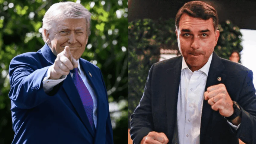 Segundo jornais norte-americanos, Flávio Bolsonaro (à dir.) deixou o Brasil e foi para os Estados Unidos; à esquerda na imagem, o presidente dos EUA, Donald Trump